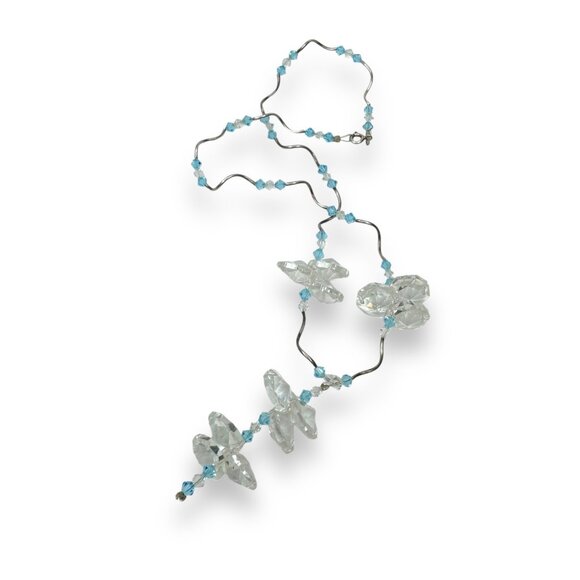 Crystal & Sterling Silver Necklace With Blue & Clear Beads 16" + 2" Dangle Zigza - Picture 2 of 7